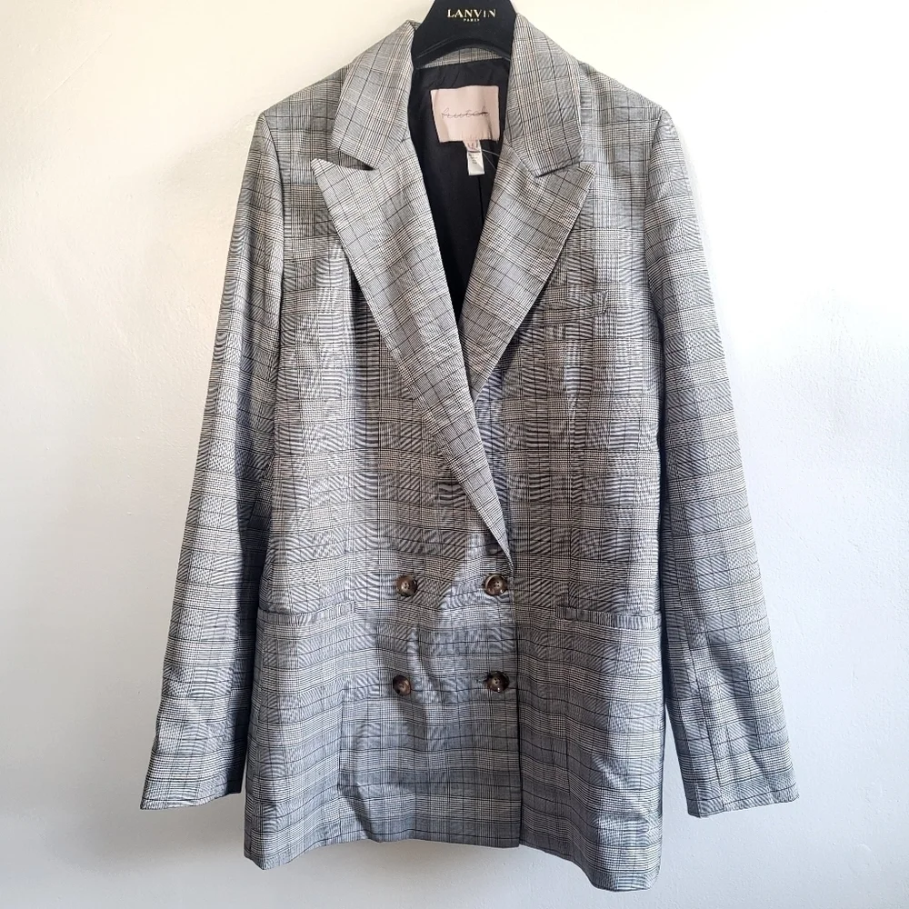 New Anthropologie Hutch Classic Longline Double Breasted Plaid Maize Blazer Sz M